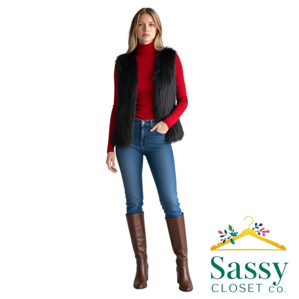 Fashionable Black Shaggy Faux Fur Vest S Open Front Sleeveless Jacket
